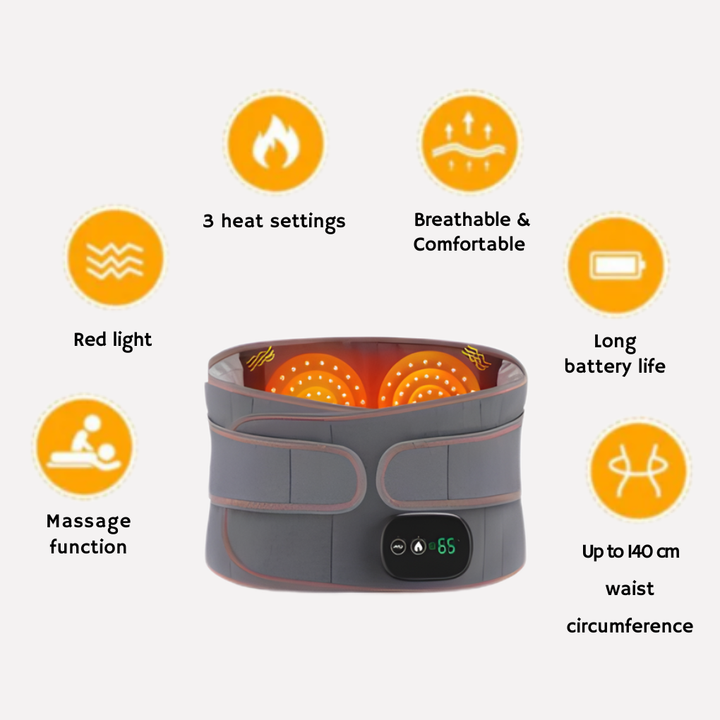 Therapeutic heated red light massage belt for targeted back pain relief. Portable vibrating belt enhances muscle relaxation.