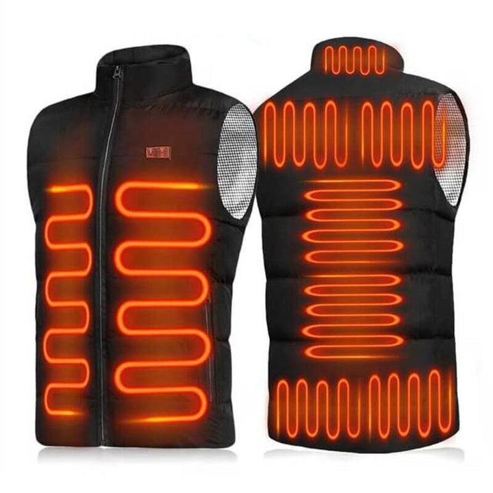 Front view of a sleek unisex heated vest. Essential thermal apparel for cold weather sports & adventure vest wear.