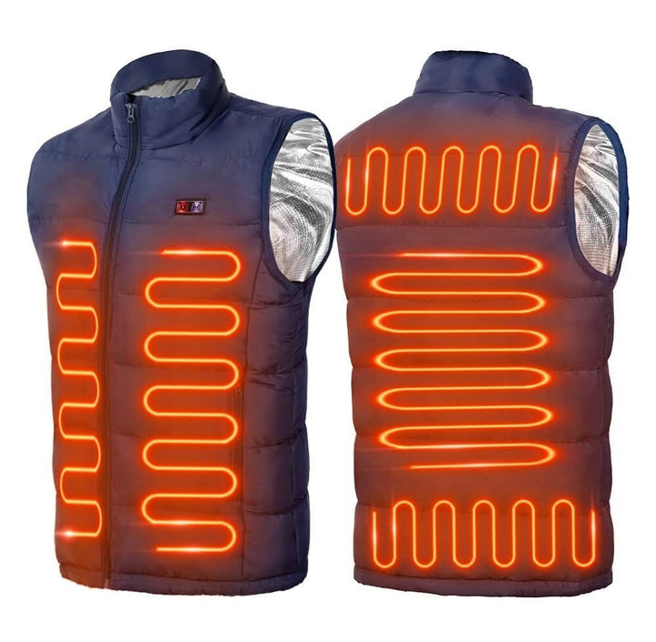 Person wearing a unisex electric heated vest, showcasing its slim design & winter warmth. Great for outdoor gear layering.