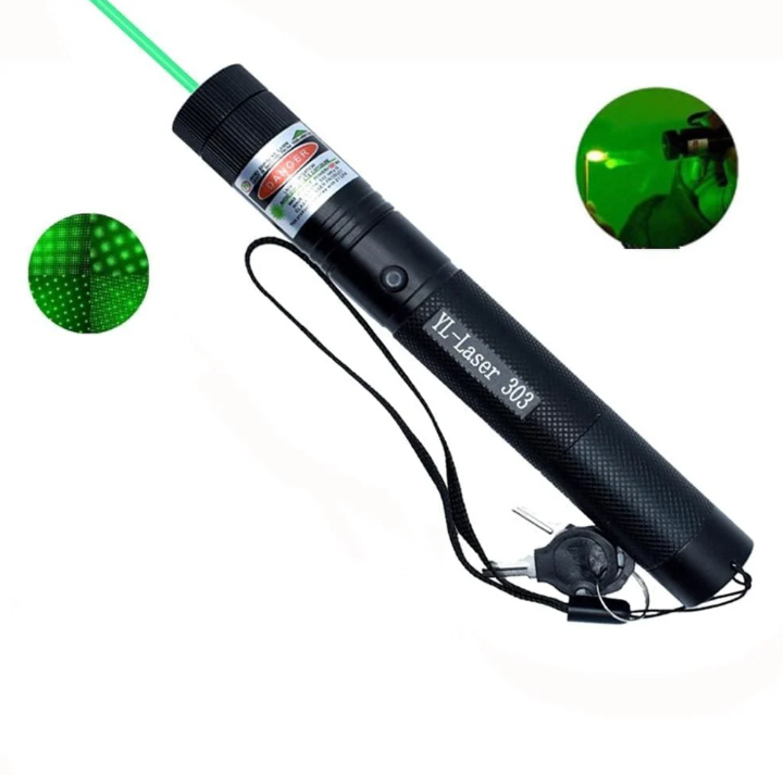 Unisex high-intensity laser pointer in action, projecting a bright beam for precise pointing in a presentation.