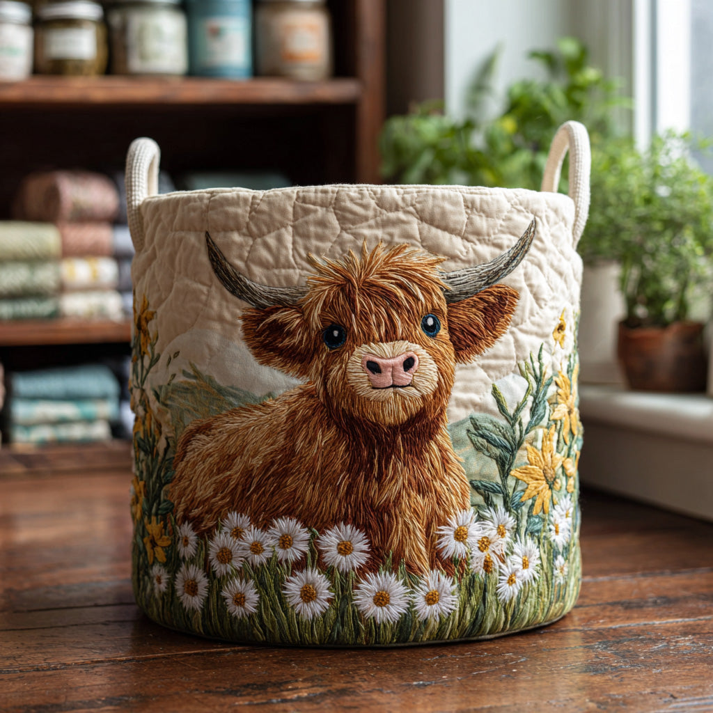 Unisex Highland Charm quilted laundry basket. Elegant cotton blend storage for bedroom or bathroom. Self-standing home decor.