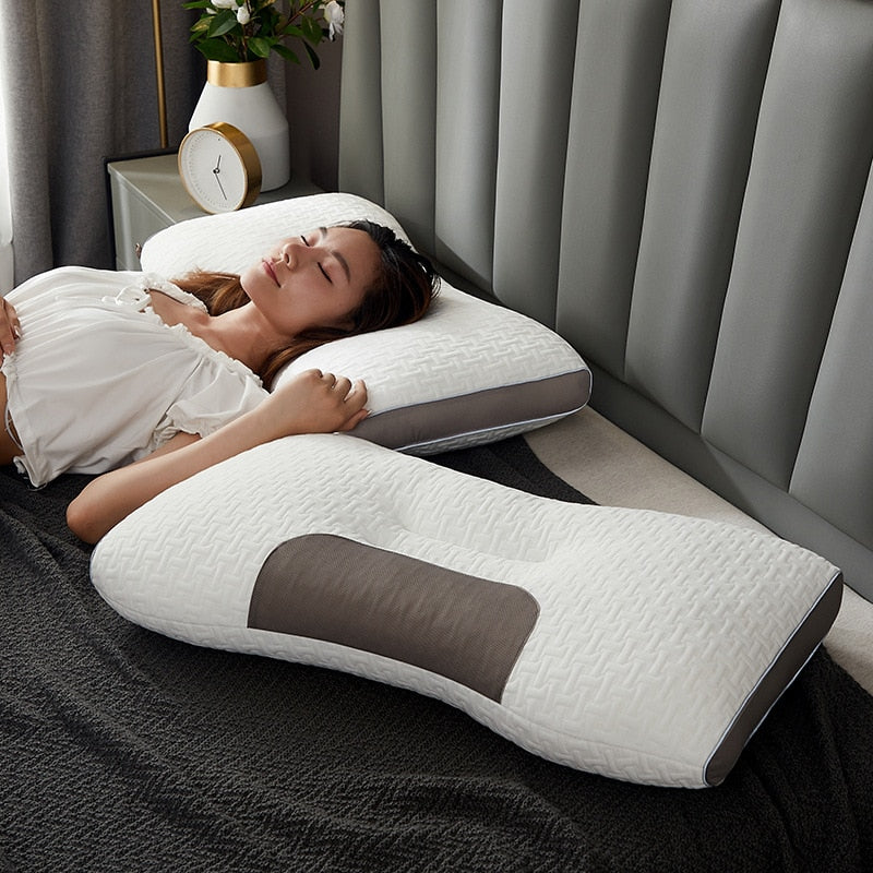 Unisex hybrid pillow for back and side sleepers, offering ergonomic neck support & sleep comfort.