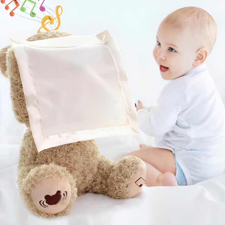 Unisex interactive peek-a-boo plush teddy bear, a soft cuddly toy and baby gift for infants & toddlers.