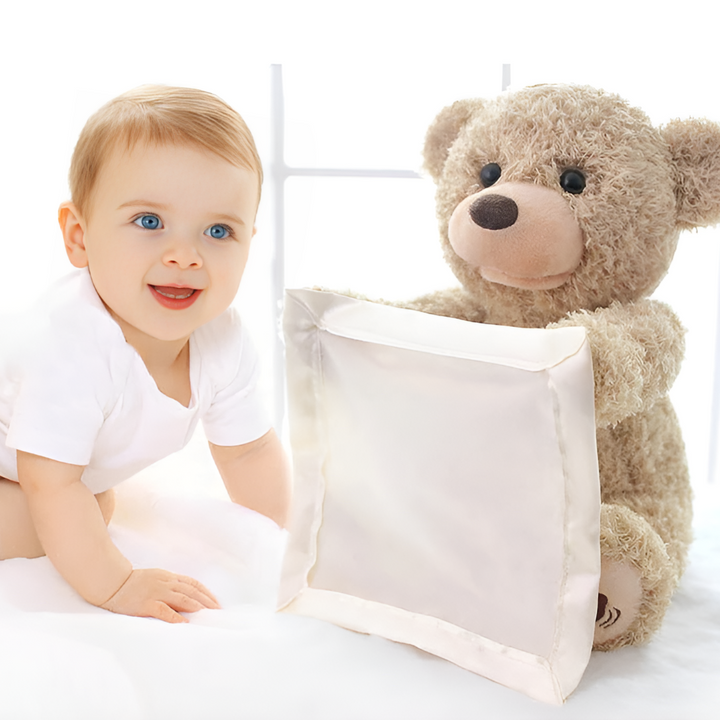 Cute interactive peek-a-boo teddy bear plush toy for kids. Perfect child-safe gift for babies and toddlers.