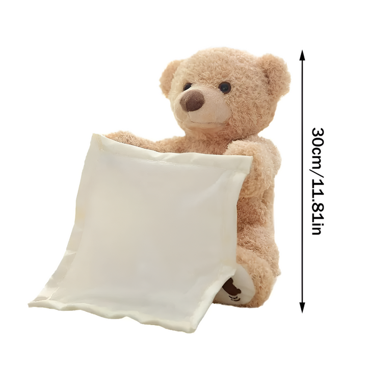 Engaging interactive peek-a-boo teddy bear plush, a soft unisex toy for infants and toddlers. Child-safe fun.