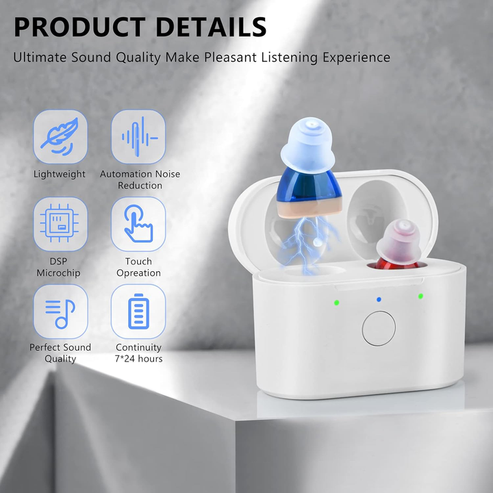 Modern unisex invisible rechargeable hearing aid, discreetly enhancing audio clarity.