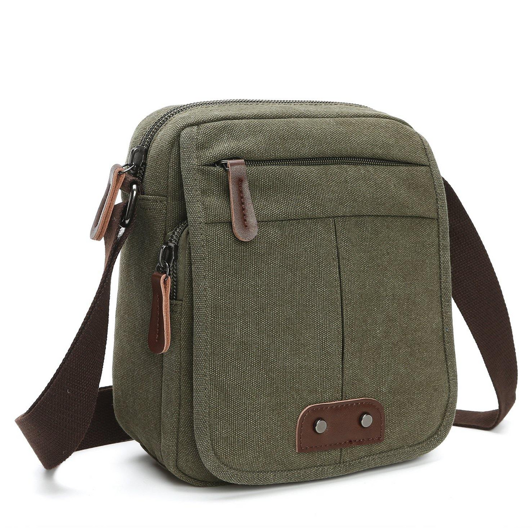 Unisex khaki canvas shoulder bag. Durable crossbody for everyday carry & travel. Compact & organized design.