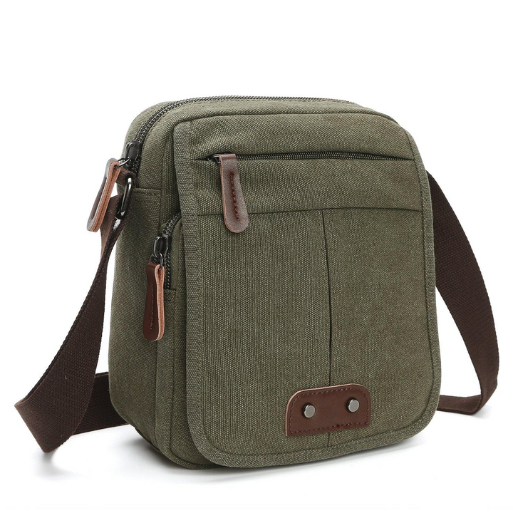 Unisex khaki canvas shoulder bag. Durable crossbody for everyday carry & travel. Compact & organized design.