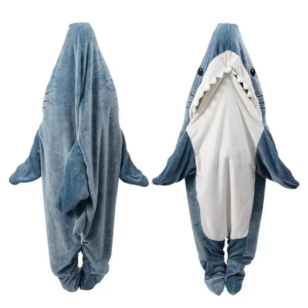 Unisex kids shark sleeping bag blanket in soft flannel, ideal comfy pajama for sleepovers & playful wear.