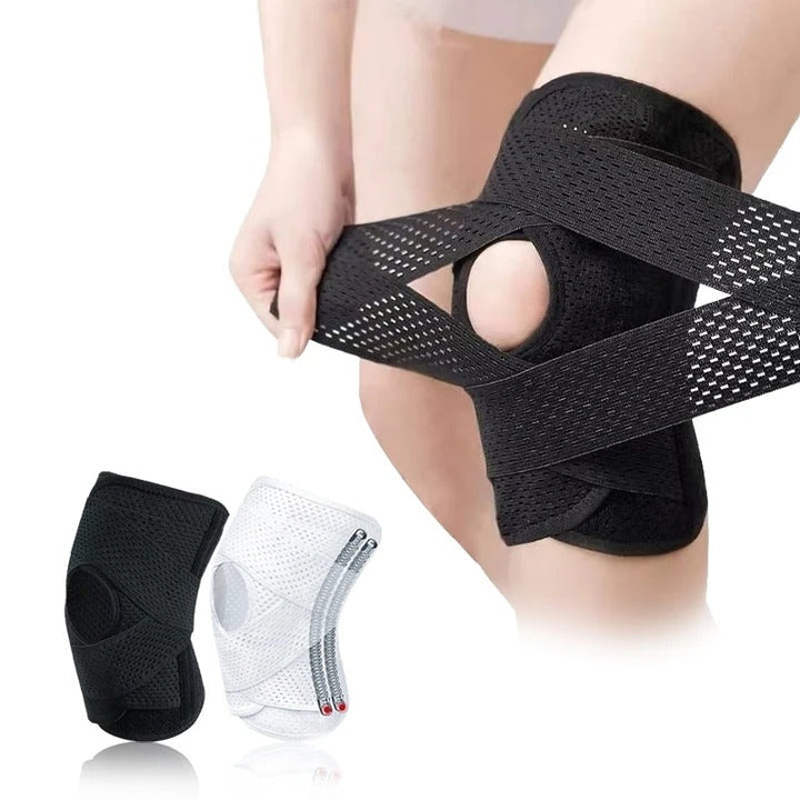 Unisex knee compression sleeve with support springs for joint pain relief, athletic support & injury prevention.