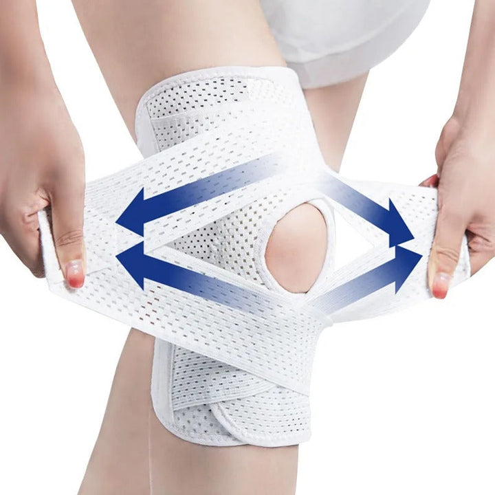 Unisex compression knee pad with spring stabilizers for optimal knee support, mobility & injury prevention.
