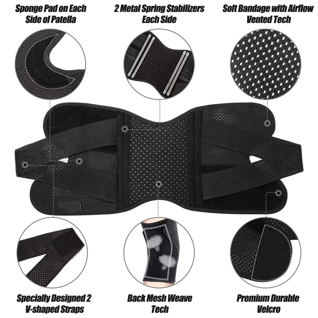 Ergonomic knee compression sleeve with integrated support springs for active individuals & daily wear.