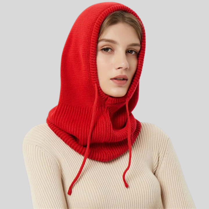Warm knitted unisex hooded neck warmer, ideal for extreme cold weather outdoor activities.