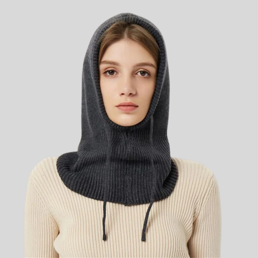 Insulated knitted unisex hooded neck warmer offering head, face & neck protection.