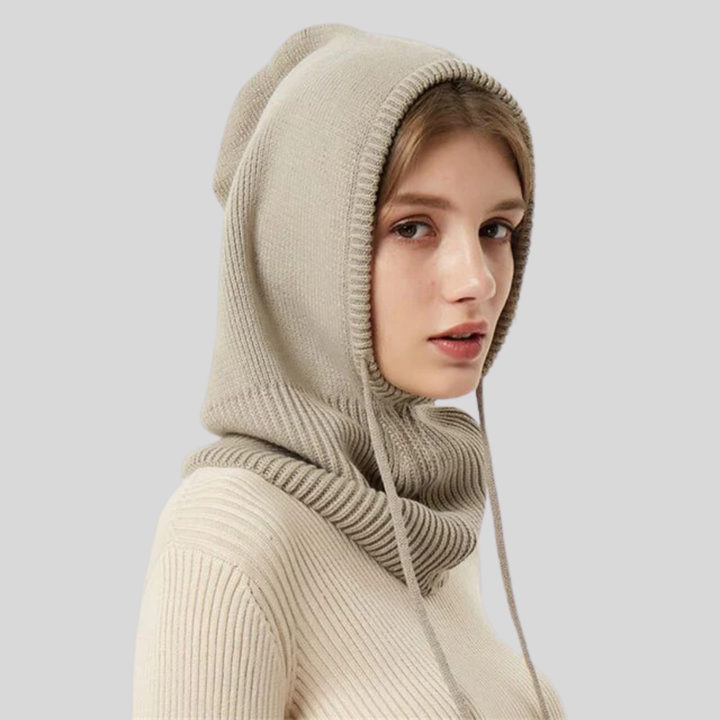 Stylish knitted unisex hooded neck warmer/beanie for cozy winter warmth & outdoor adventures.