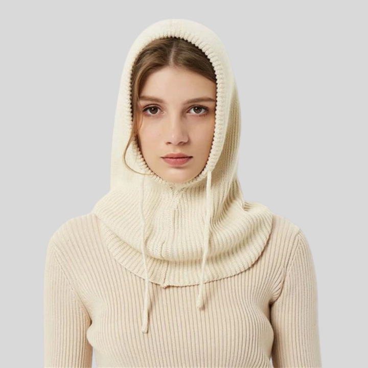 Versatile knitted hooded neck warmer, a warm unisex accessory for cold weather protection.