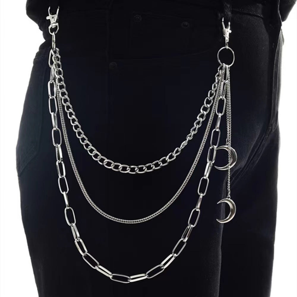 Unisex layered stainless steel chain accessory with crescent moon charm, perfect for punk or fashion styles.