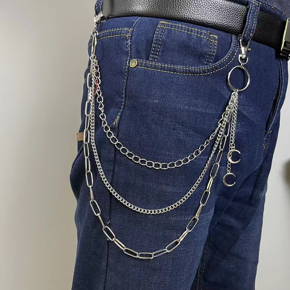 Punk style unisex layered chain accessory featuring a detailed crescent moon charm, durable stainless steel.