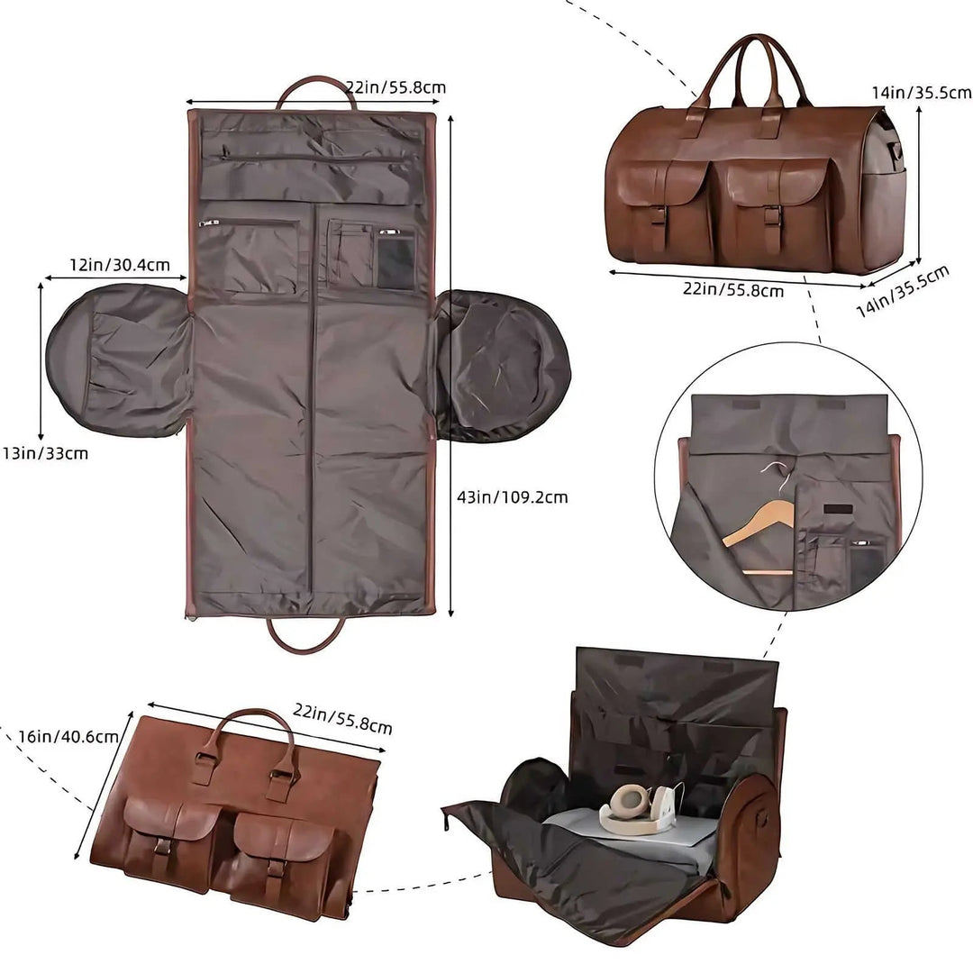 Versatile leather duffle bag and garment bag. Water-resistant, ideal for short trips and organized travel.
