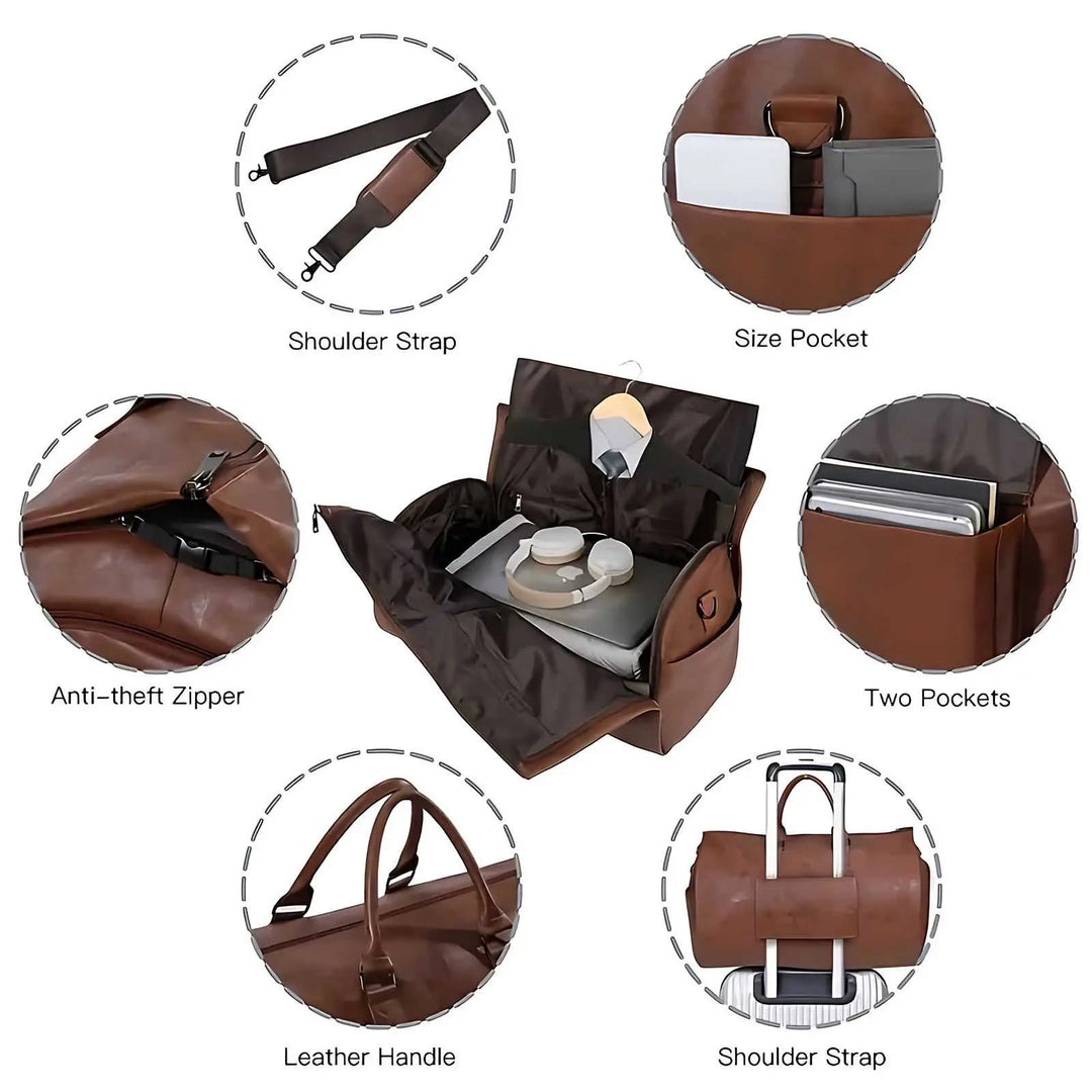 Elegant unisex leather travel bag, easily converts from garment bag to weekender duffle.