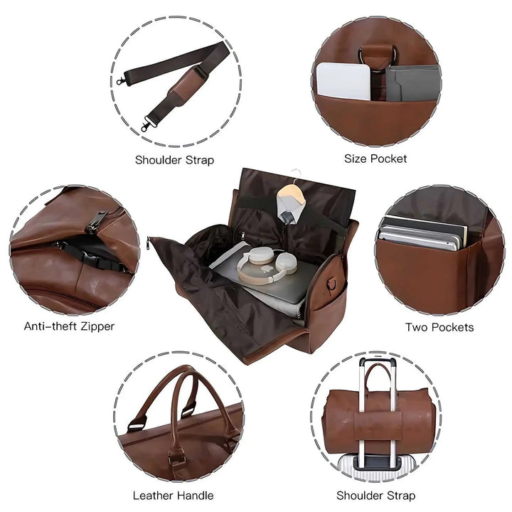 Elegant unisex leather travel bag, easily converts from garment bag to weekender duffle.