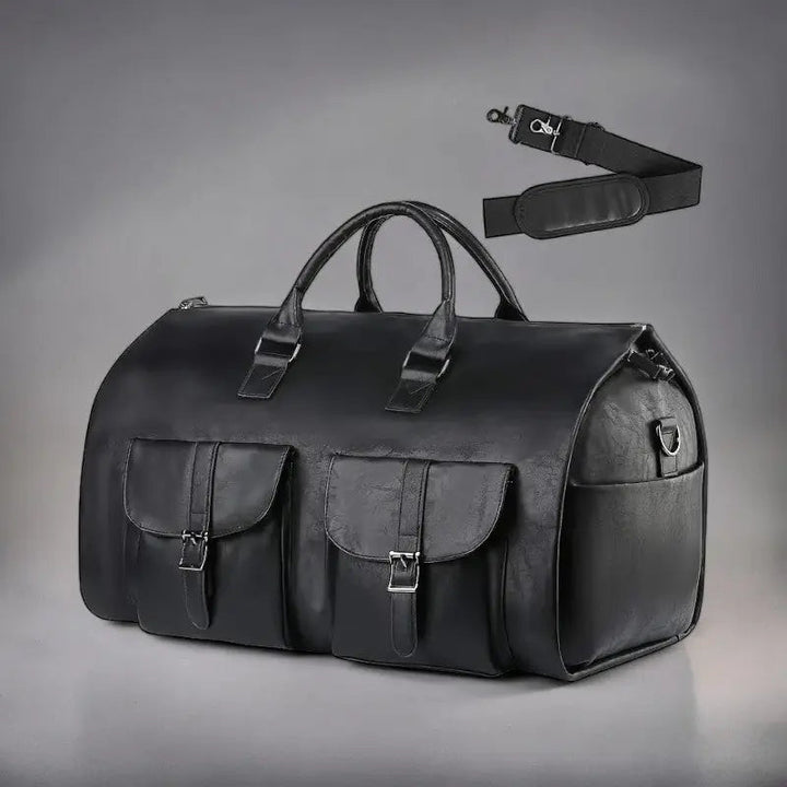 Dual-purpose leather garment bag & weekender duffle. Perfect for carry-on travel and organized packing.