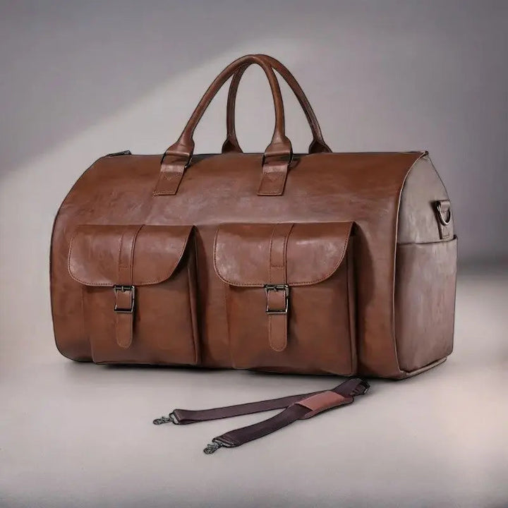 High-quality leather duffle bag for unisex travel. Functions as a garment bag and weekender.