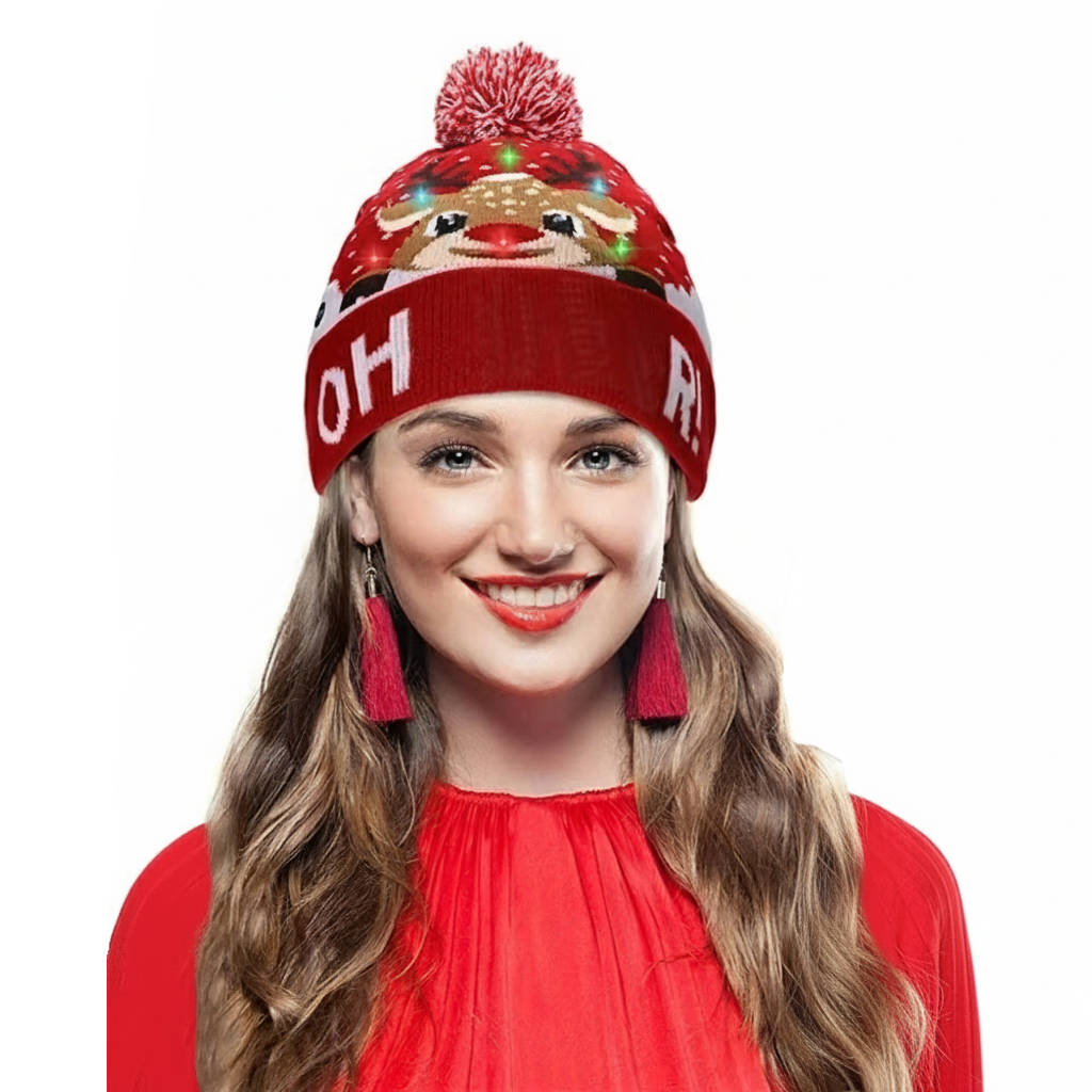 Unisex LED light-up Christmas beanie hat with festive knit pattern & pompom. Perfect holiday party accessory.