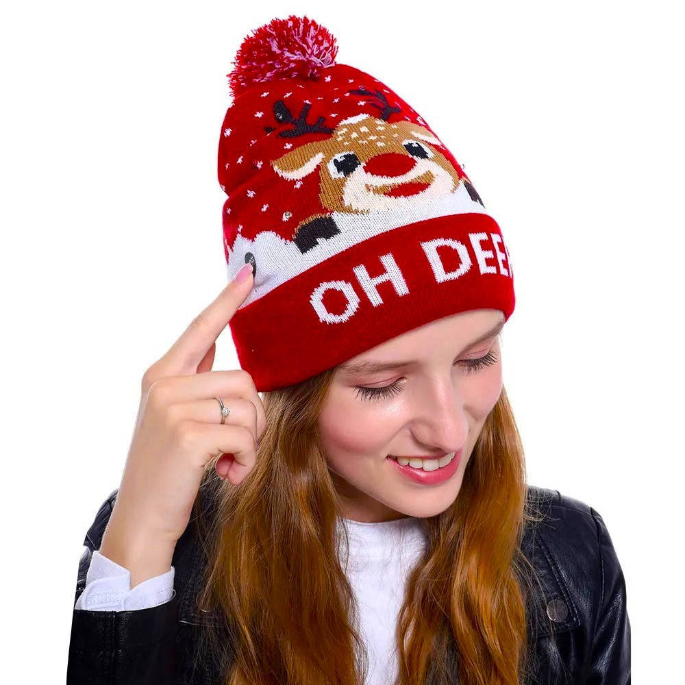Festive LED light-up Christmas beanie hat with a fun pompom. Great unisex holiday gift or party accessory.