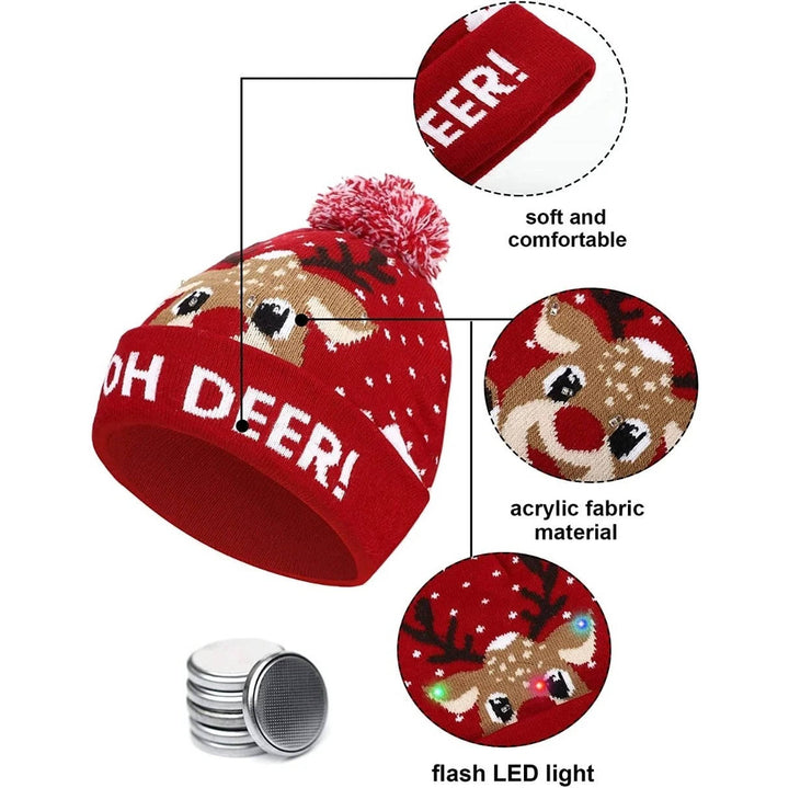 Unisex knit Christmas beanie hat featuring bright LED lights & soft pompom. Essential festive holiday party wear.