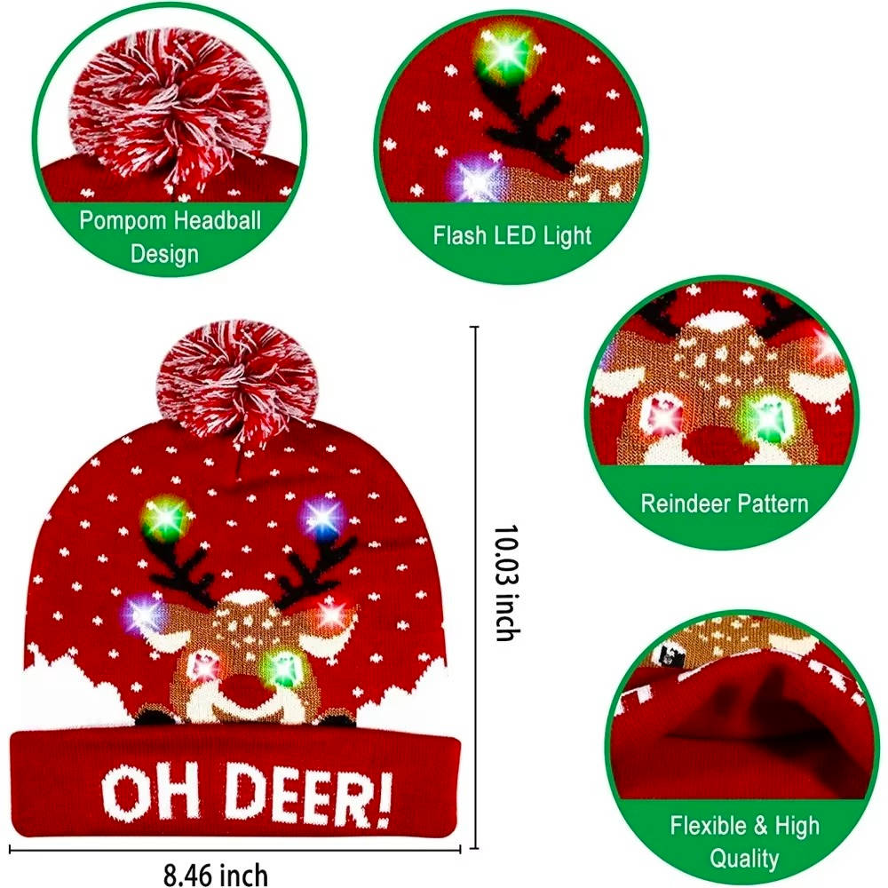 Warm unisex Christmas beanie hat with blinking LED lights & pompom. A festive knit winter accessory for the holidays.
