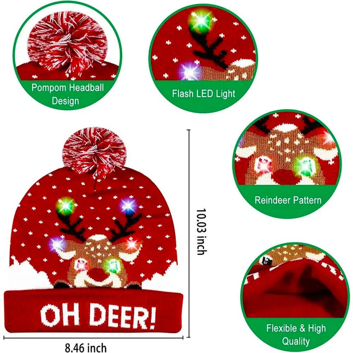 Warm unisex Christmas beanie hat with blinking LED lights & pompom. A festive knit winter accessory for the holidays.
