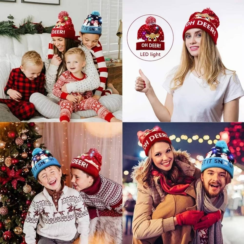 Fun light-up LED Christmas beanie hat with a pompom. Perfect unisex holiday gift or festive accessory for parties.