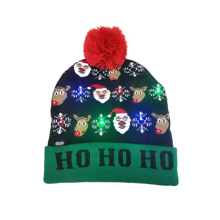 Unisex Christmas beanie hat with bright LED lights & pompom. A fun, light-up accessory for holiday parties & events.