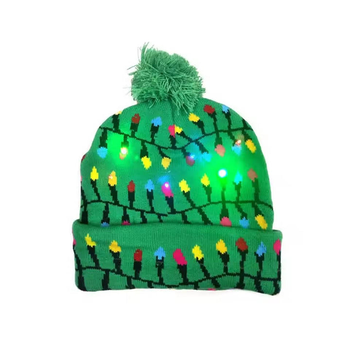 Stylish LED light-up Christmas beanie hat with a festive knit pattern & fluffy pompom. Unisex holiday party essential.