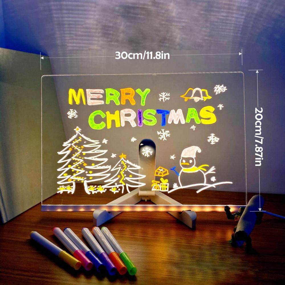 Acrylic LED note board with glowing messages. Erasable drawing pad & night light, a creative desk accessory.