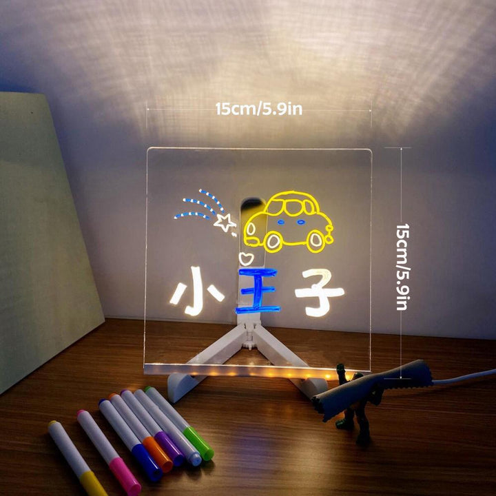 Versatile LED message board with glow night light. Erasable acrylic display for notes, drawings, and desk decor.