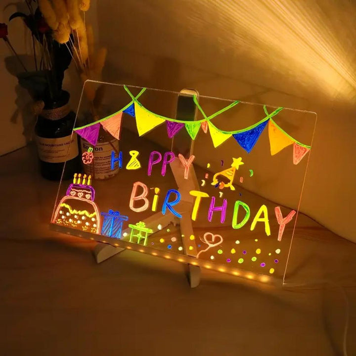 Close-up of a glowing message on a unisex LED note board. Erasable, perfect as a night light or desk accessory.