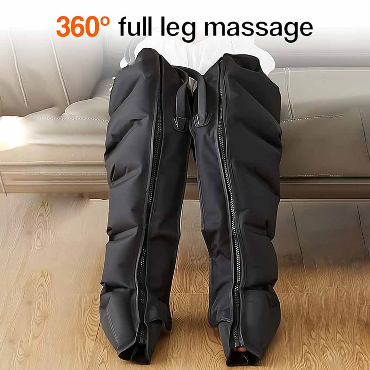 Person using a leg compression massager with adjustable wraps for home therapy and muscle recovery after exercise.
