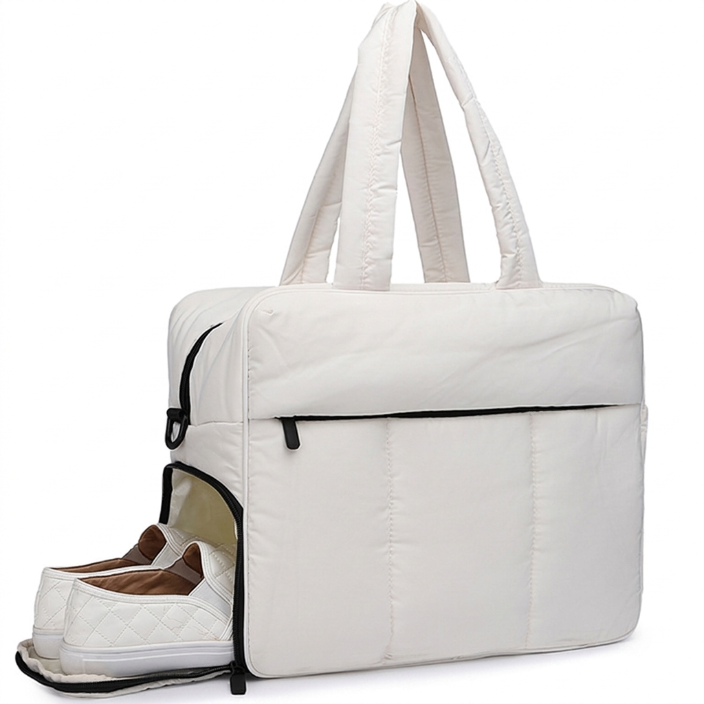 Modern black puffer duffle bag for unisex use. Lightweight, quilted, and spacious for gym, travel, or a stylish weekend bag.