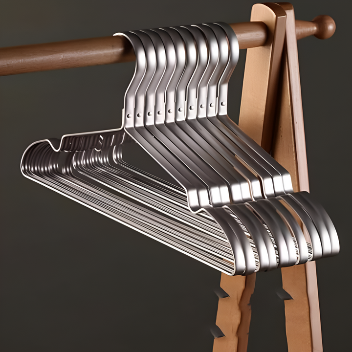 Close-up of a luxurious anti-slip velvet hanger, strong chrome hook, enhancing clothes storage and wardrobe tidiness.