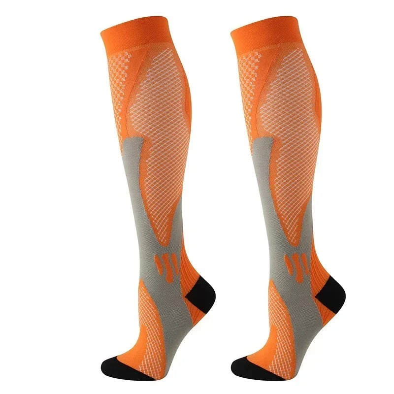 Unisex medical compression stockings for daily leg comfort, support, & improved circulation, anti-fatigue design.
