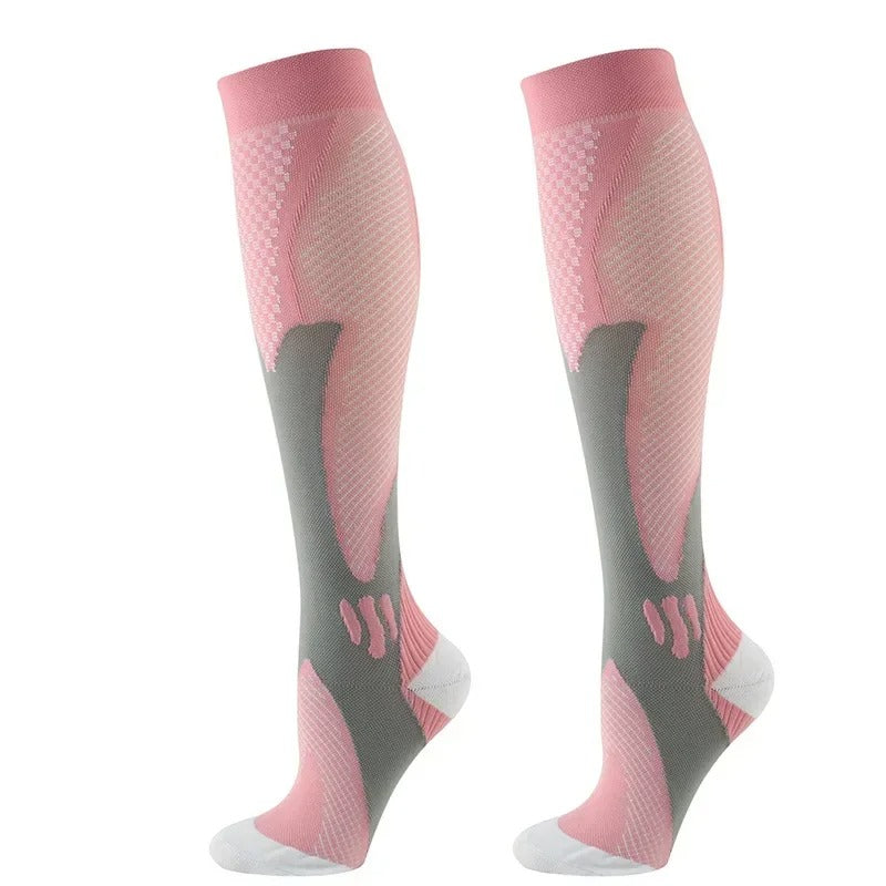 Nylon-spandex unisex compression stockings for medical leg support, circulation, & everyday anti-fatigue relief.