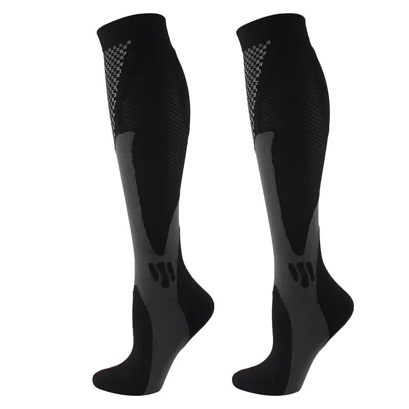 Close-up of beige unisex medical compression stockings providing firm support for leg relief & wellness.