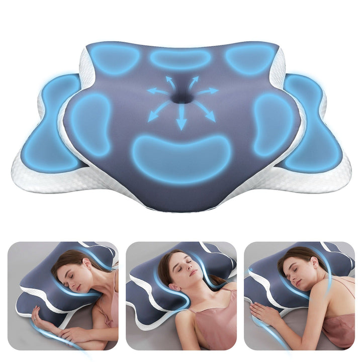 Orthopedic memory foam cervical pillow providing ergonomic neck support for back and side sleepers; comfort sleep aid.