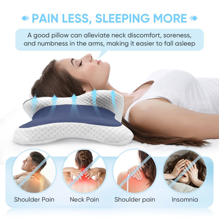 Ergonomic contoured memory foam pillow designed for optimal cervical support, neck pain relief, and better sleep.