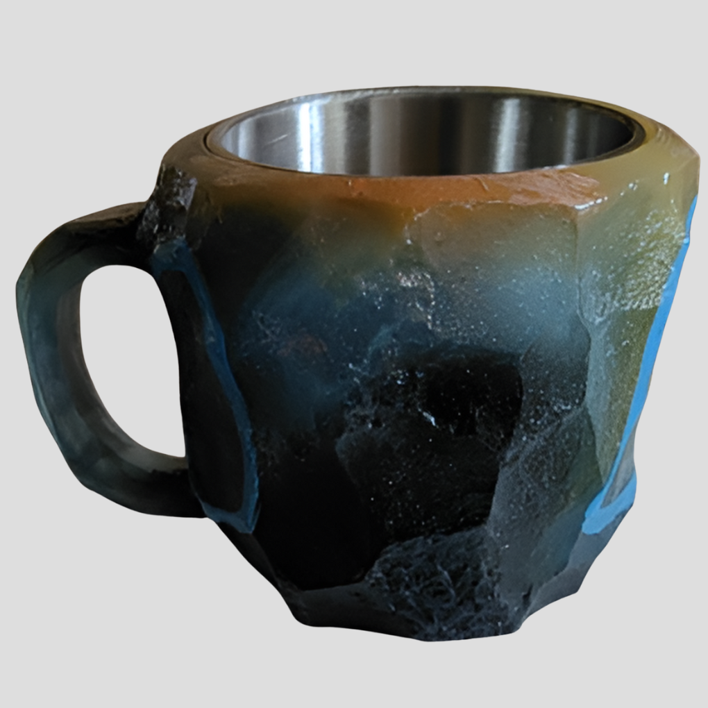 Close-up of sparkling star zircon design on a crystal coffee mug. Unique, elegant, and luxurious.