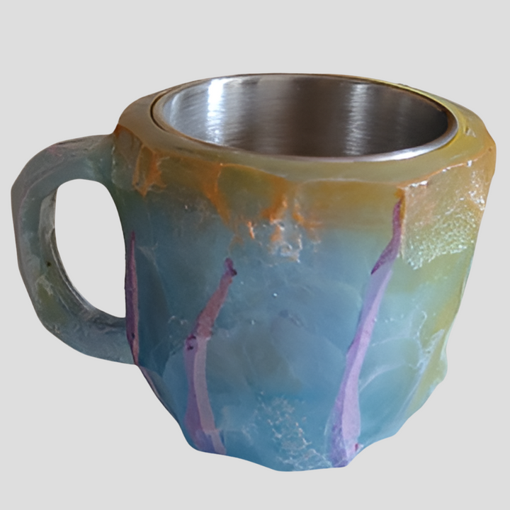 Detailed mineral crystal and resin texture on a sparkling star zircon coffee mug. High-end aesthetic.