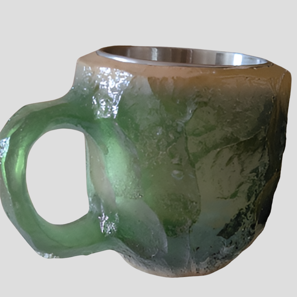 Sparkling star zircon crystal coffee mug as elegant home decor on a modern table. Unique and luxurious.