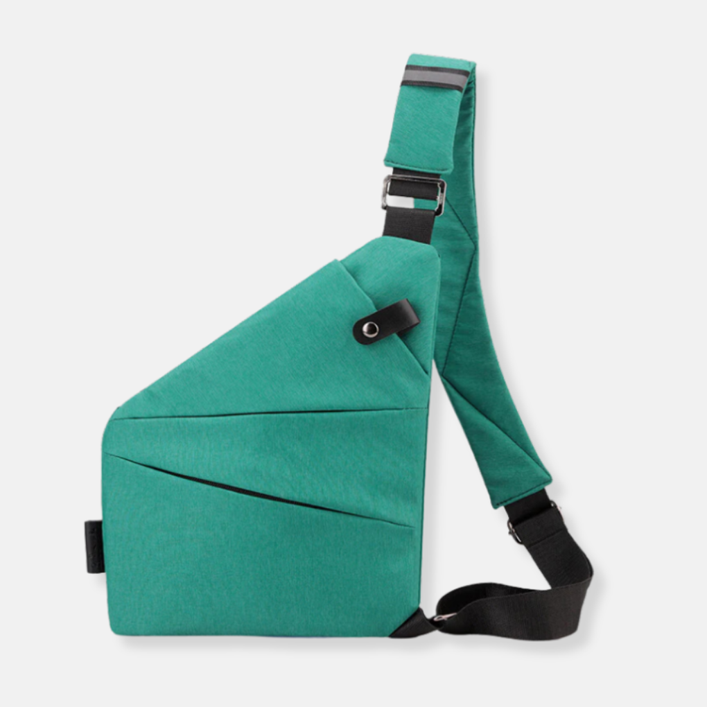 Secure zipper detail on a minimalist anti-theft crossbody bag, highlighting safety features for organized travel.